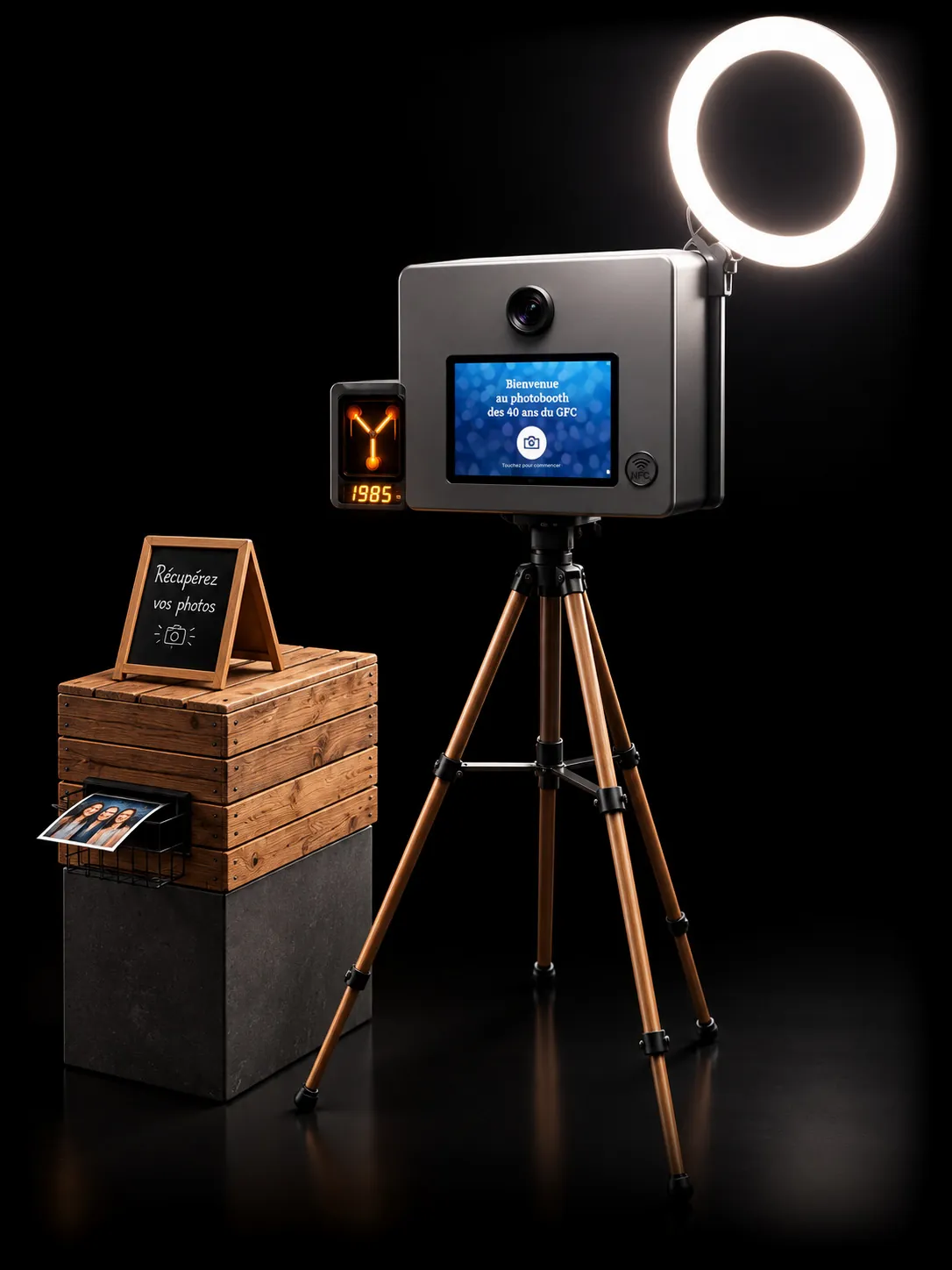 La borne timebooth.ai avec son anneau lumineux, son convecteur temporel et l’imprimante rangée dans son caisson
