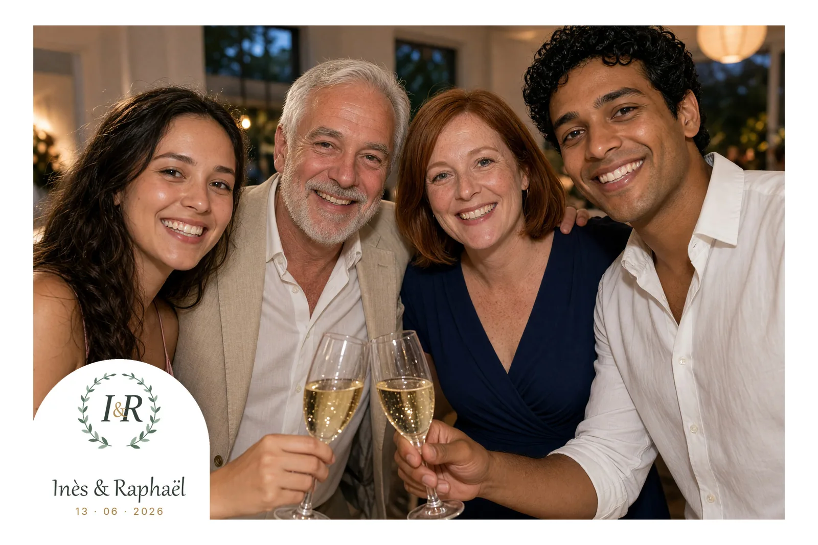 Le tirage original : quatre invités de tous âges trinquent au champagne à un mariage, en 2026