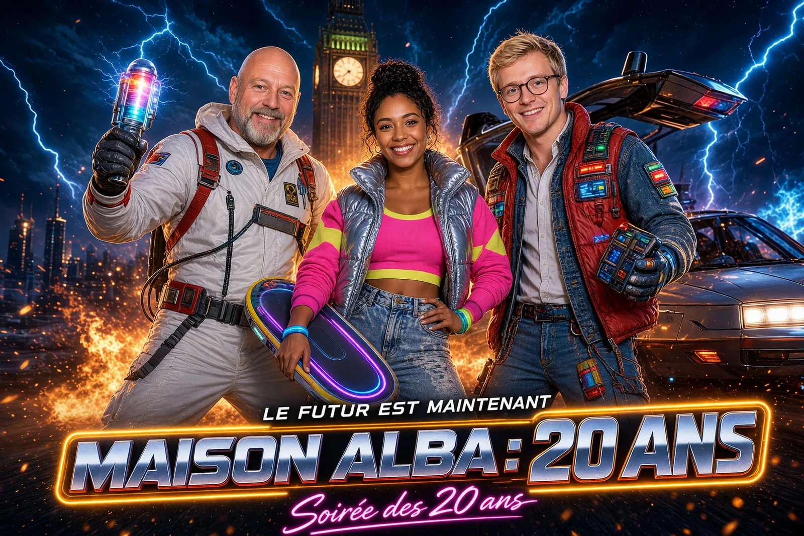 Affiche « Maison Alba : 20 ans – Le futur est maintenant », façon voyage dans le temps