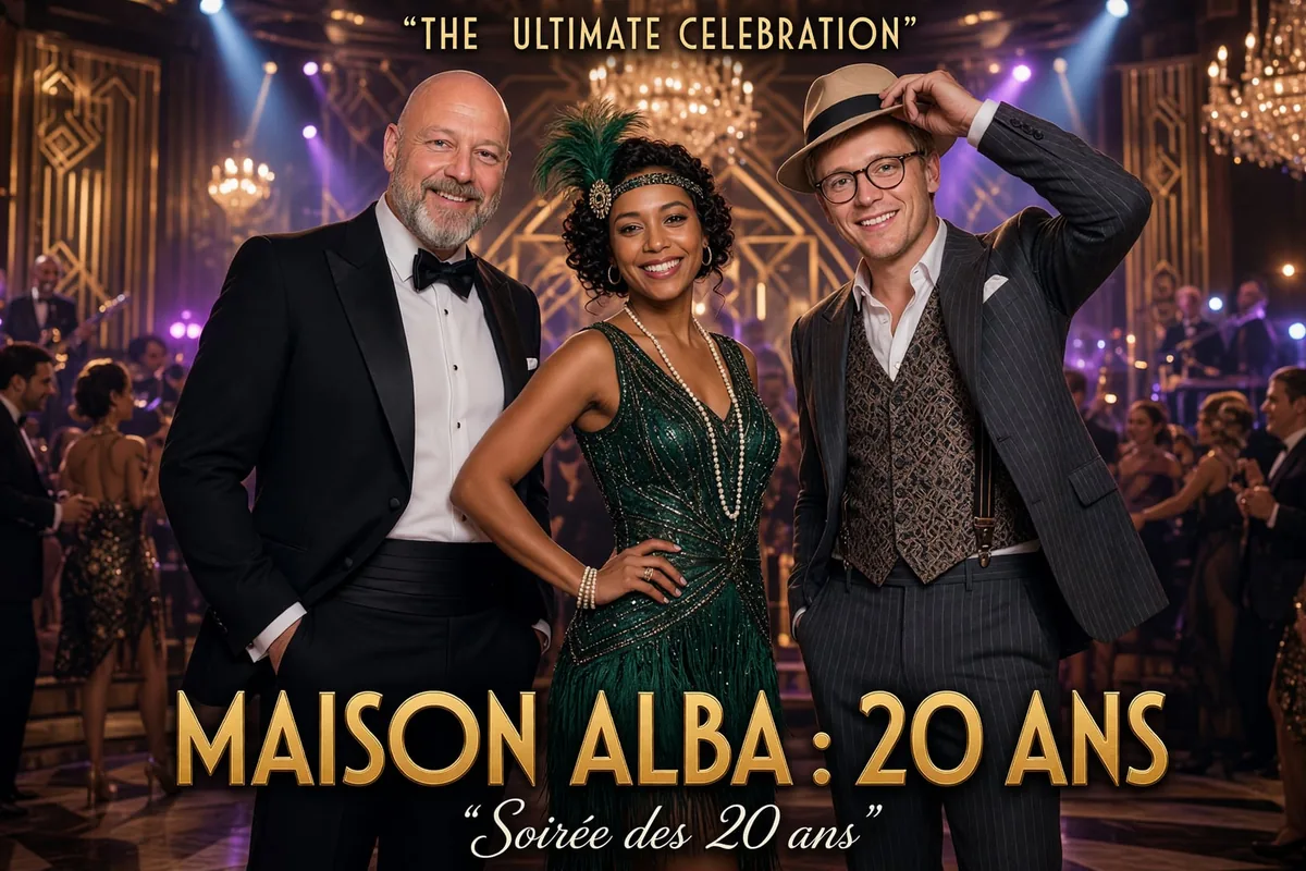 Affiche « Maison Alba : 20 ans » façon années folles