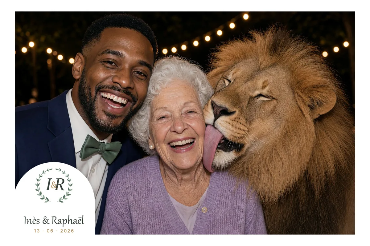 Tirage d’un mariage fictif avec un lion surprise, dans le cadre au monogramme des mariés