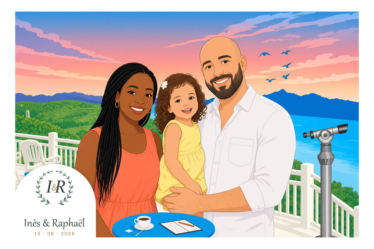 Tirage façon dessin : une famille fictive sur une terrasse face au lac et aux montagnes d’Aix-les-Bains, dans le cadre du même mariage